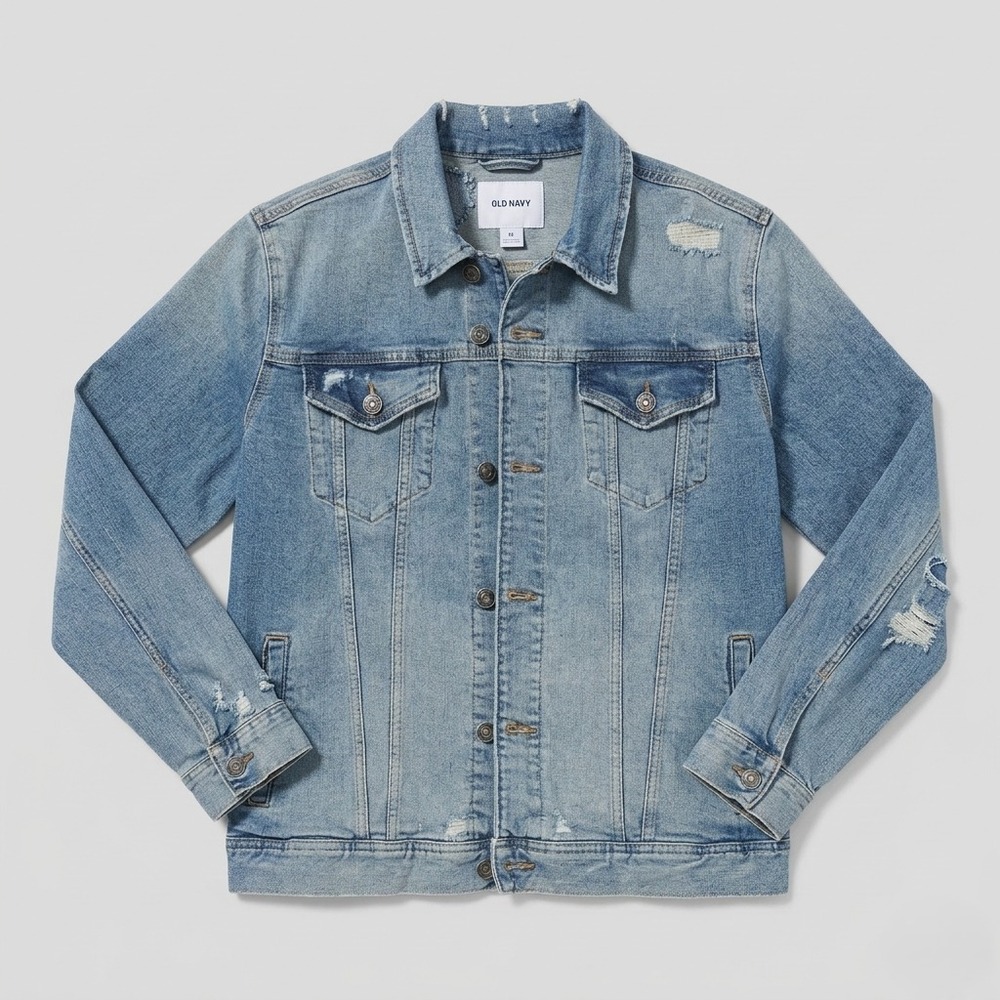 Men's Old Navy Blue Denim Jacket Medium Distressed Button Accents Pockets